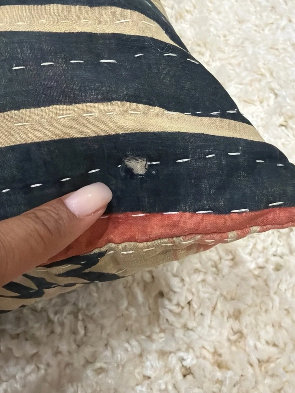 Vintage Tan Bolster Pillow with Black & Rust Motifs